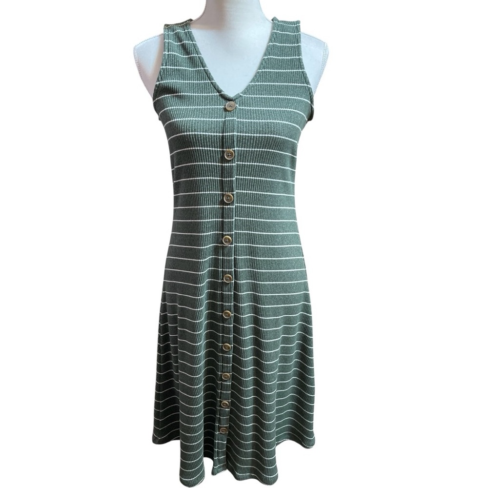 Old Navy Sleeveless Rib Knit Sundress Striped Stretch Button Olive Size S Comfy
